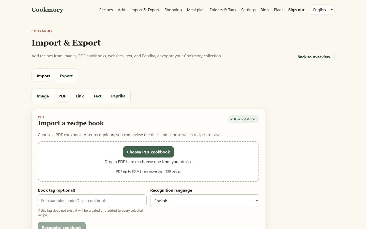 Cookmory PDF cookbook importer with a selected recipe book ready to process