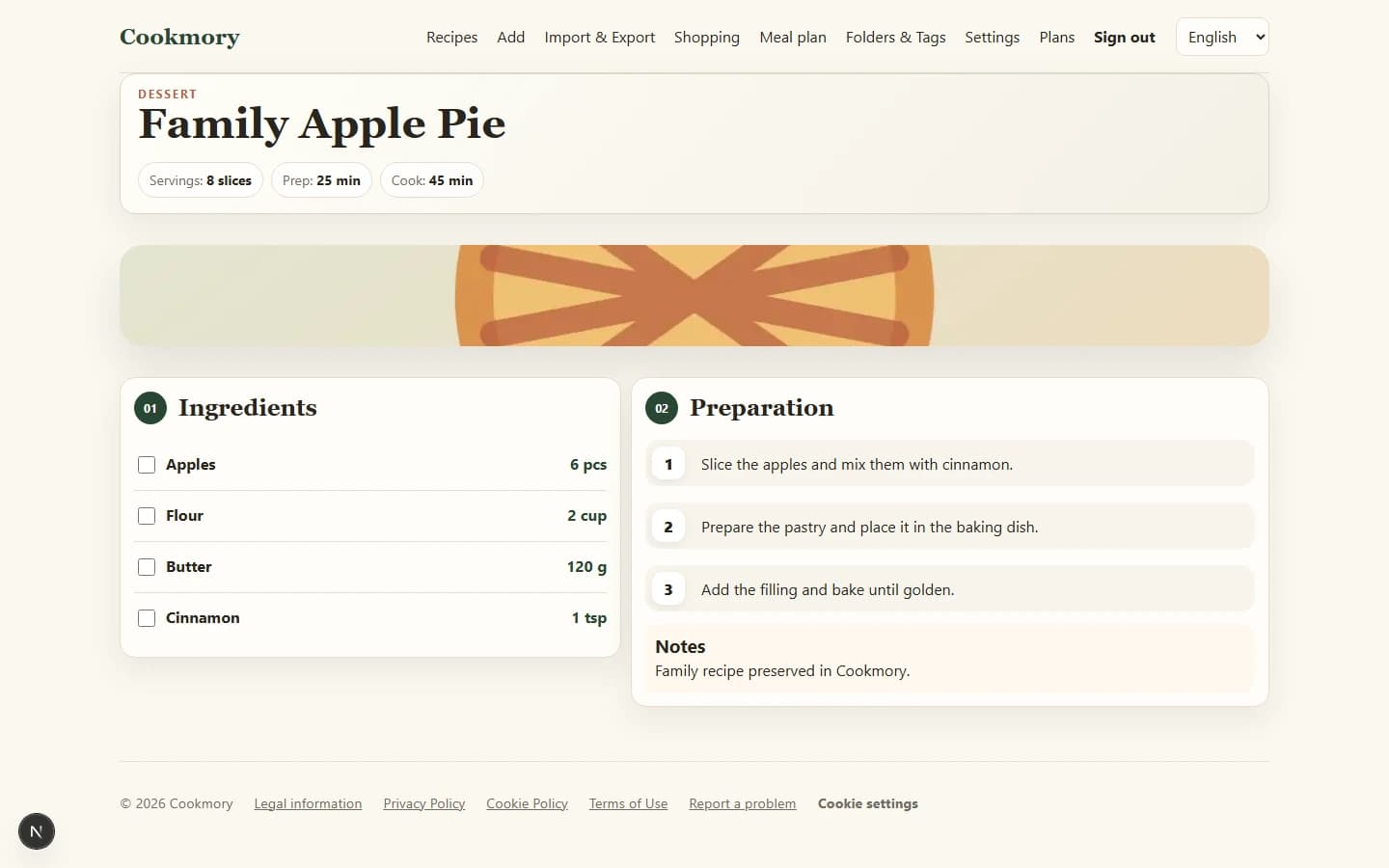 A family recipe saved in the English Cookmory desktop interface with ingredients, steps, and source notes