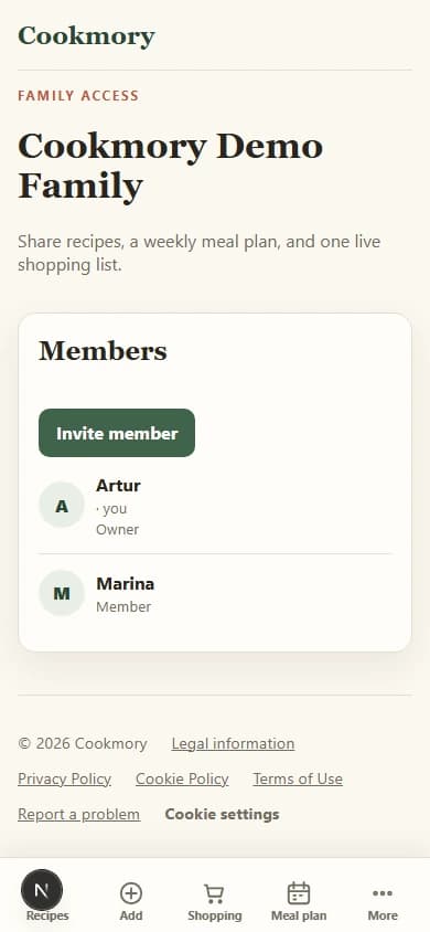 Artur and Marina shown as members of a Cookmory family space in the English mobile interface