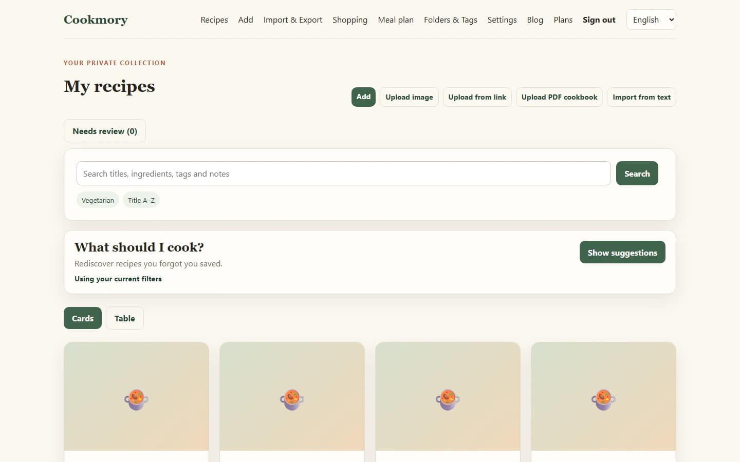 Saved recipes in Cookmory used to choose meals for the week