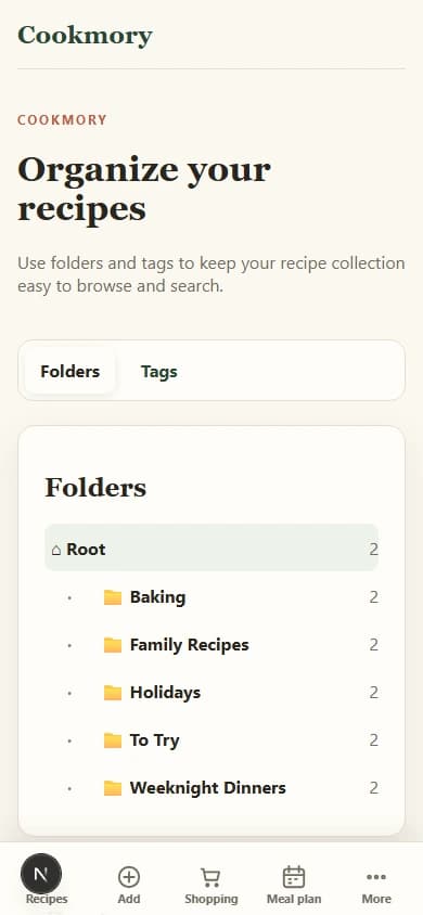 Cookmory folders and tags displayed in the English mobile interface