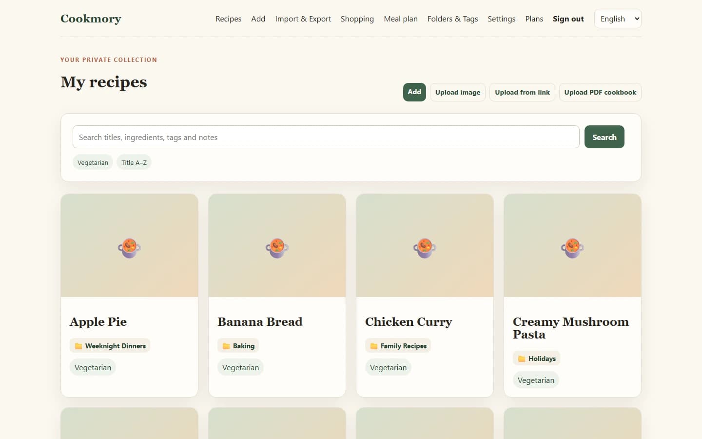 A Cookmory recipe library showing several recipes, search, and organization controls on desktop