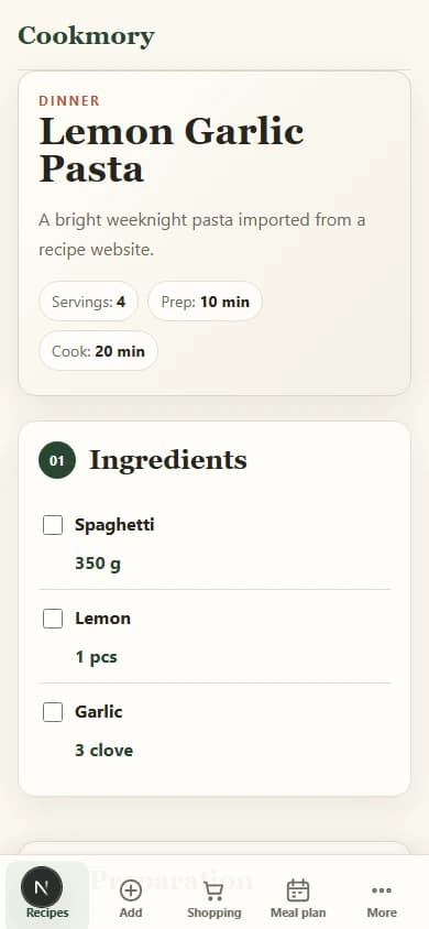 A website recipe saved as a clean structured recipe in the English Cookmory mobile interface