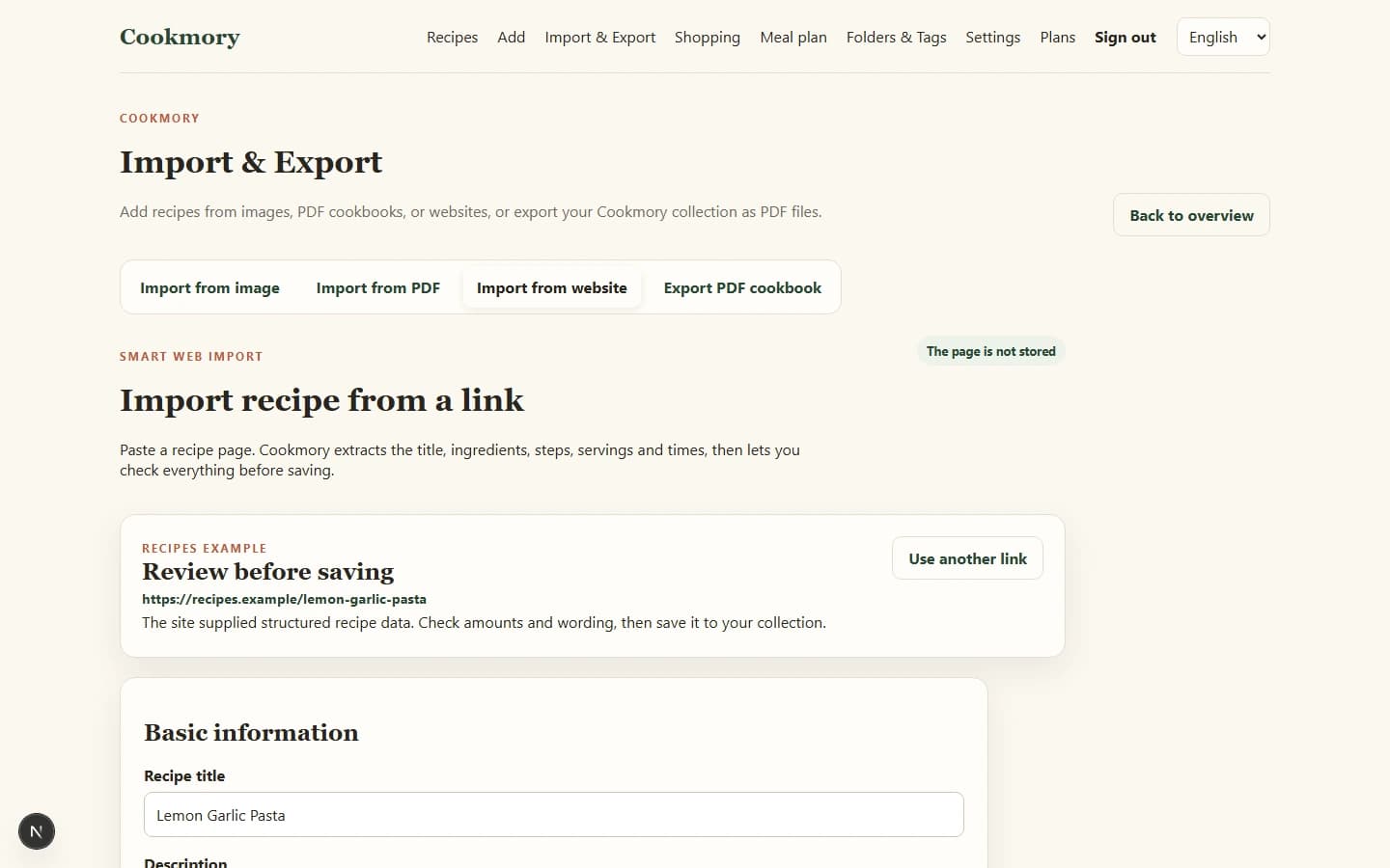 A recipe URL entered into the English Cookmory import interface on desktop