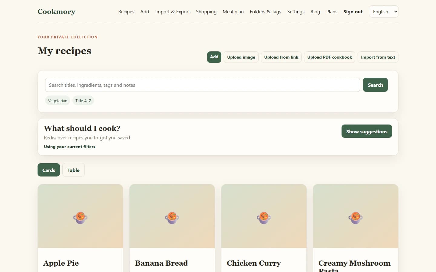 Cookmory online recipe box with a searchable collection of saved recipes