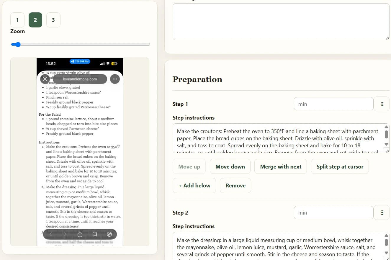 Recipe photo scanned into editable cooking steps in Cookmory