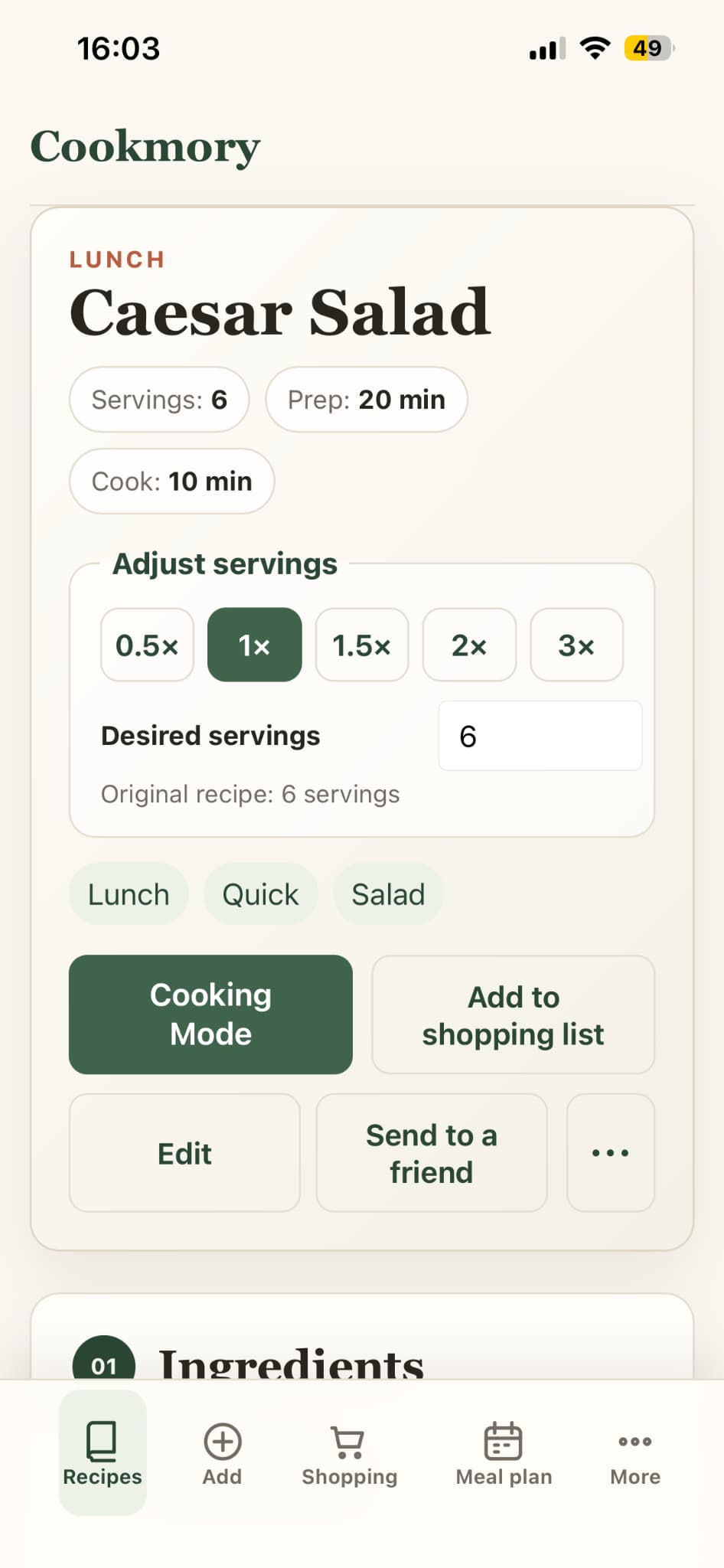 Scanned Caesar Salad recipe saved in the Cookmory mobile recipe collection