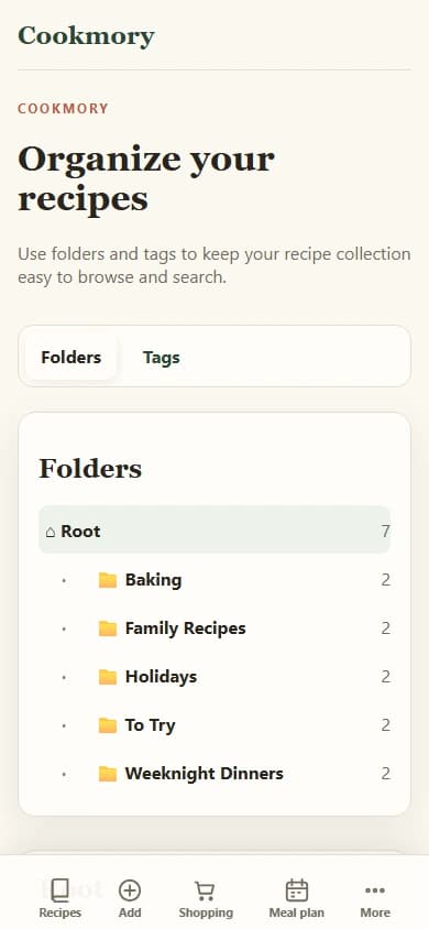 Cookmory weekly meal plan built from saved recipes
