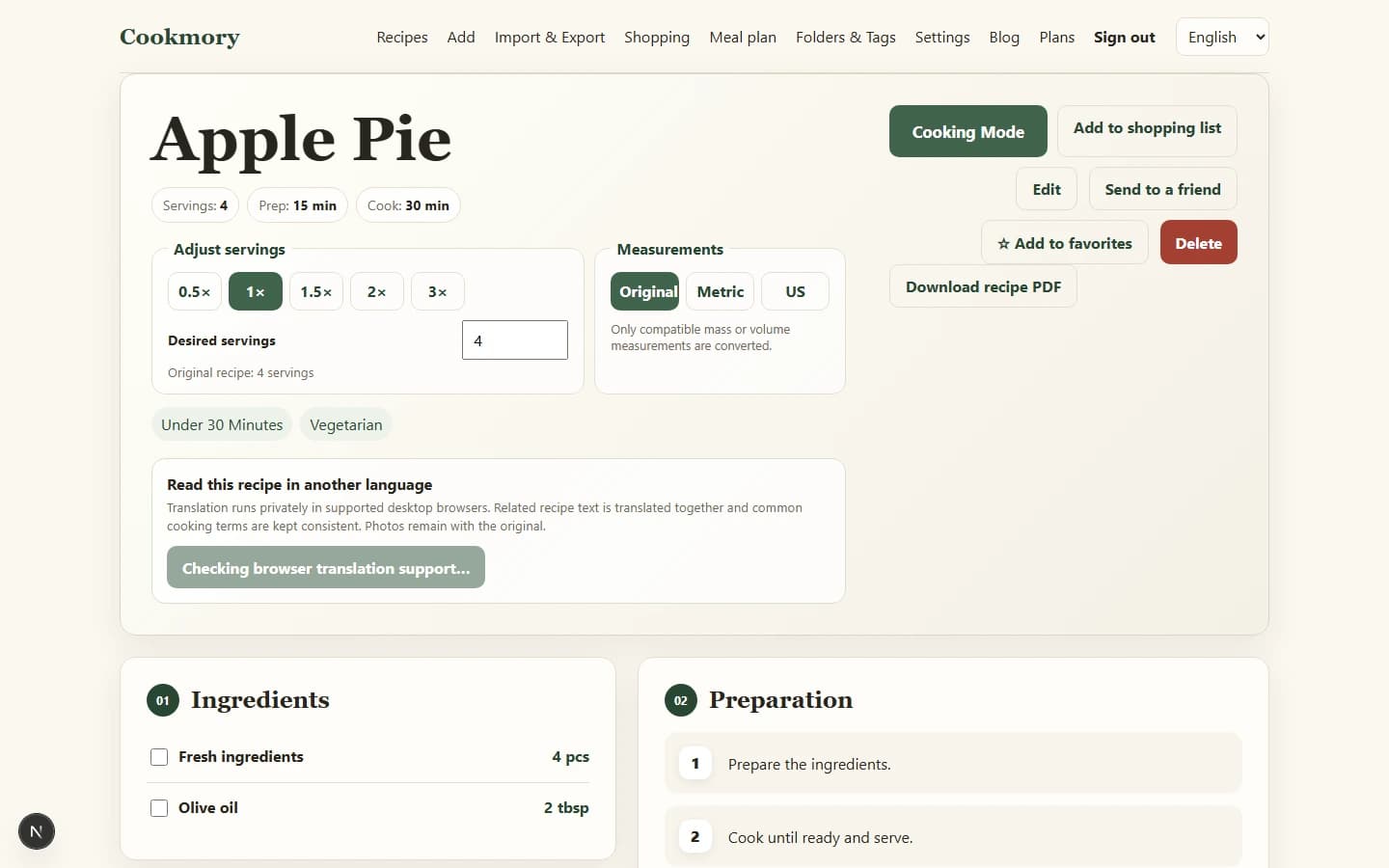Cookmory recipe showing the original serving count and ingredient quantities