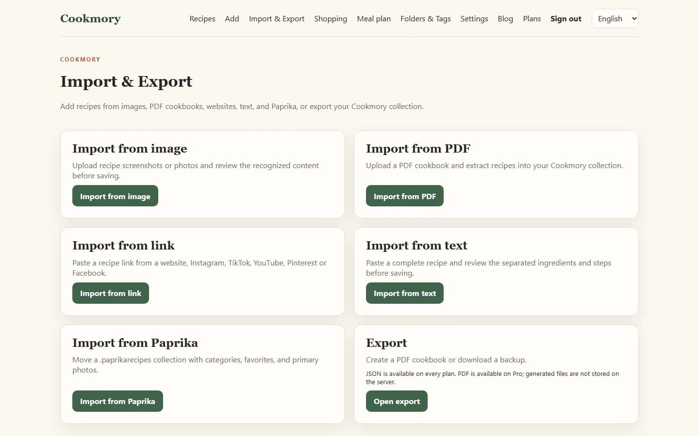 Cookmory recipe importer with options for links, photos, PDF cookbooks and text