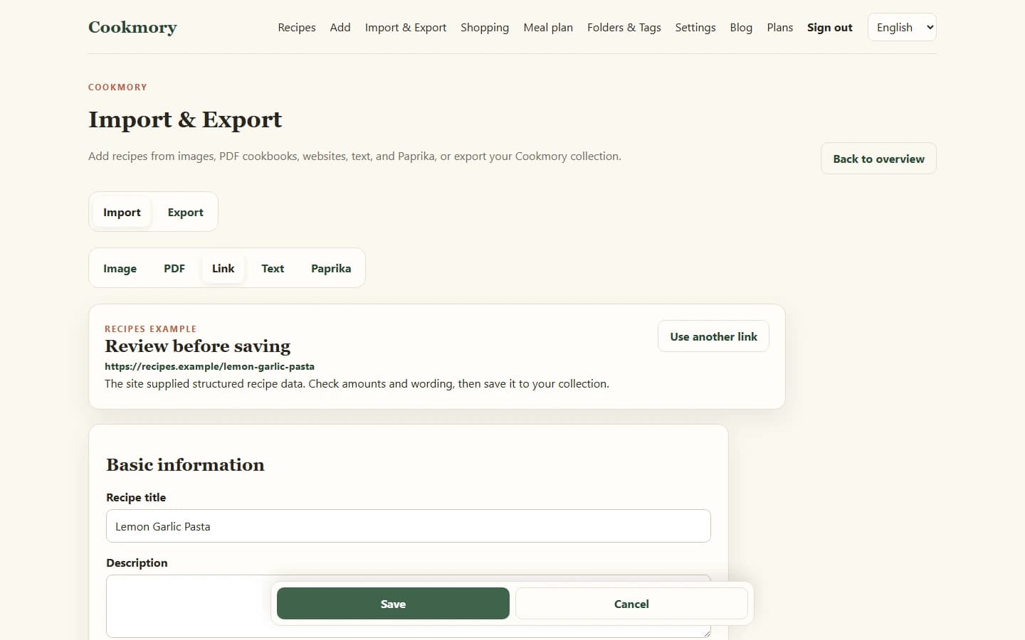 Reviewing imported recipe ingredients and steps in Cookmory before saving