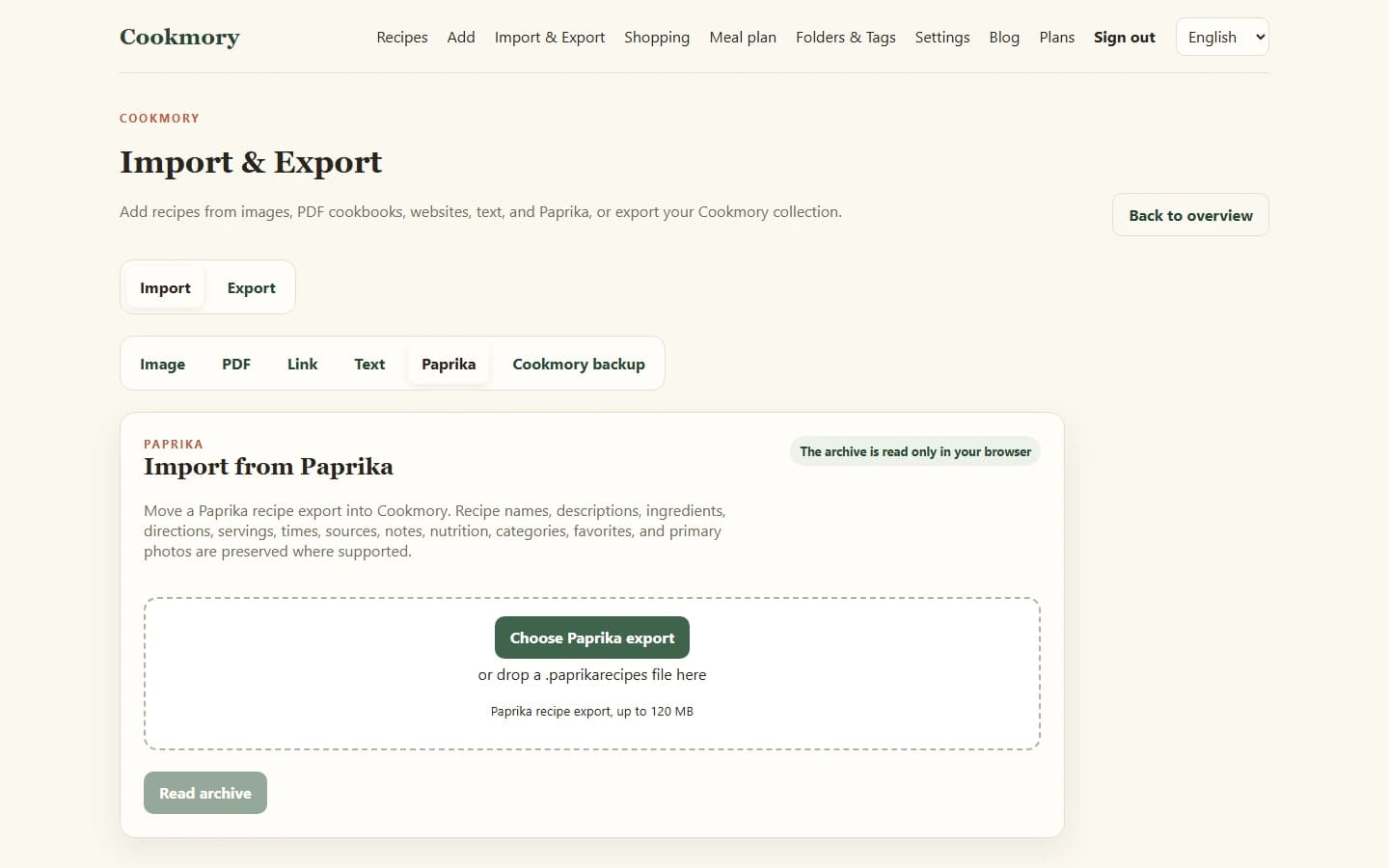 Paprika recipe import screen in Cookmory