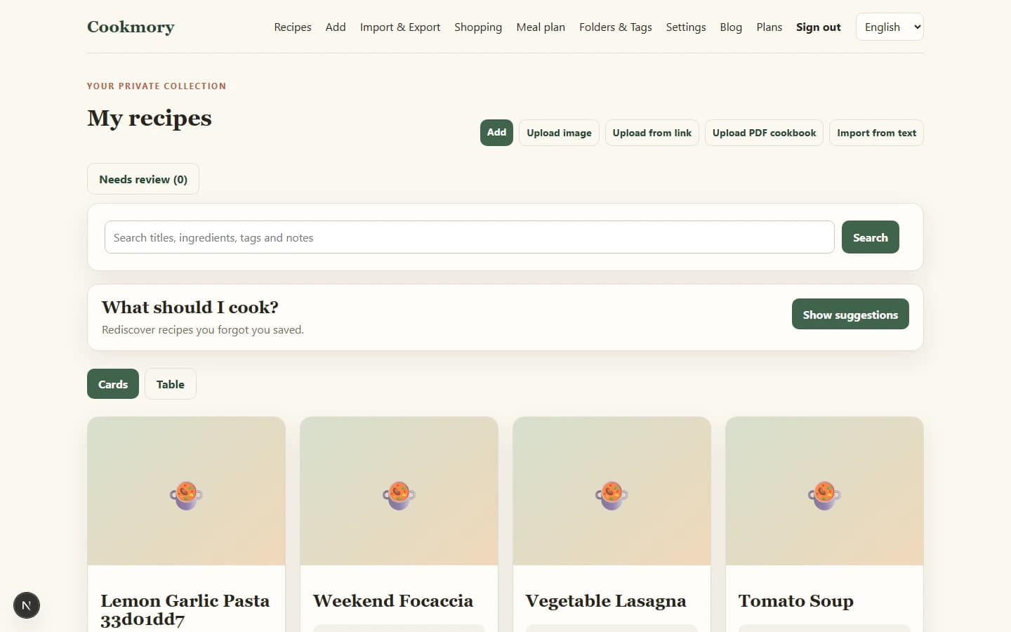 Recipes imported from Paprika shown in a Cookmory recipe collection