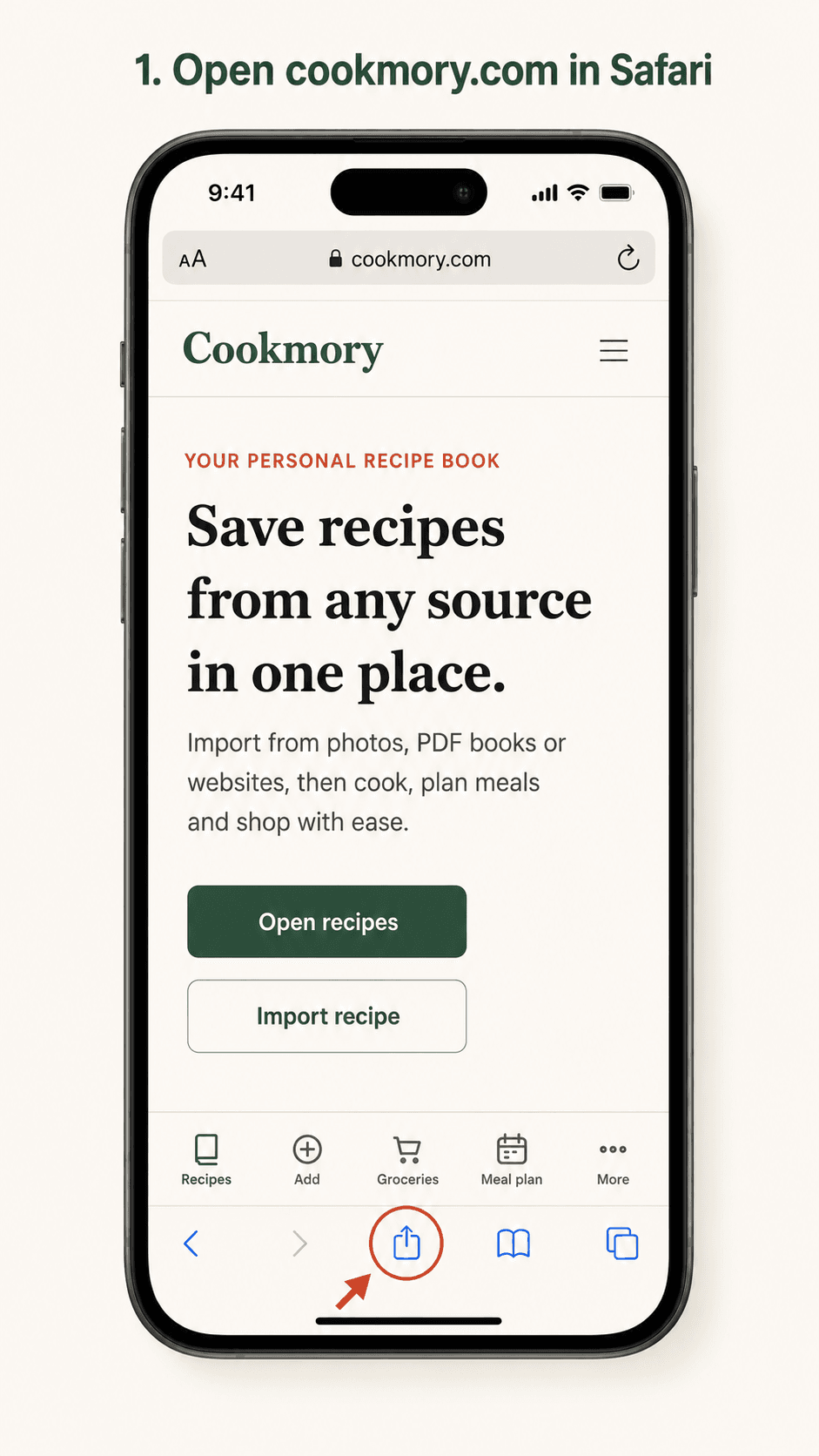 Open cookmory.com in Safari and tap the Share button.